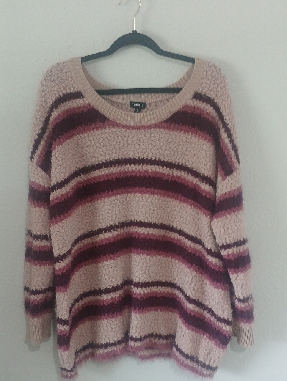 torrid sweater with pink and burgundy stripes